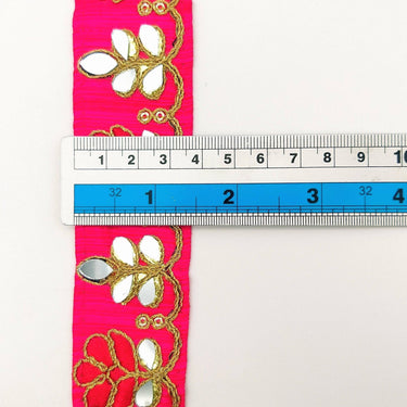 Fuchsia Pink Silk Trim With Mirrors Embellishments and Gold Embroidery, Approx. 38mm Wide, Decorative Trim Costume Trim Floral Trim By Yard
